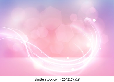 Pink abstract advertising background for fashion beauty product design with light effects vector illustration. White glow and shine of curve energy lines and hexagon flash in gradient backdrop