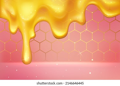Pink abstract advertising background for fashion presentation of product vector illustration. 3d honey liquid with dots flowing on hexagon honeycomb from golden line frames with tile mosaic structure