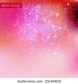 Pink abstract artistic textured background with falling sparkles cosmic lighting effect and abstract geometric polygonal shape.