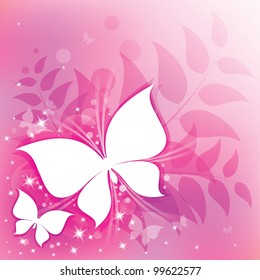 pink abstract background with butterflies and floral elements