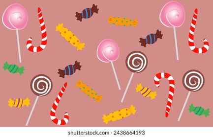 Pink abstract background with candy scattered around. Repeating candy design elements to print on wrapping paper. Candy cartoon flat vector illustration.