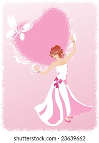fondo rosado abstracto con una chica bailarina, mariposa y corazón