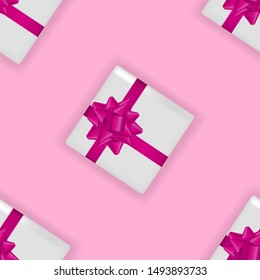 Pink abstract background with gift box with bow. Vector illustration