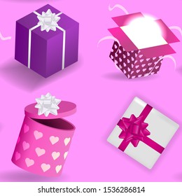 Pink abstract background with gift boxes with bow. Vector illustration