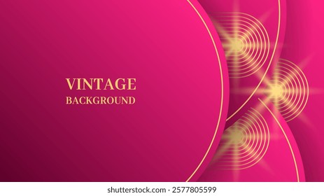 Pink abstract background with half round frames and gold lines. Gold shiny stars. Modern geometric pattern