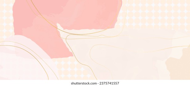 Pink abstract background with large brush strokes and watercolor texture. Retro modern with golden line and round shapes. For printing, banner, prints, substrate.	