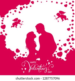 Pink abstract background with loving couple, Valentines hearts and cupids, illustration.