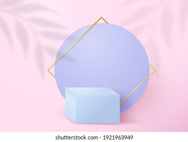 Pink abstract background product scene with tropical palm leaves shadow. Minimal podium or platform for cosmetics, presentation, mock up, banner etc. 3D vector illustration scene with geometric shapes