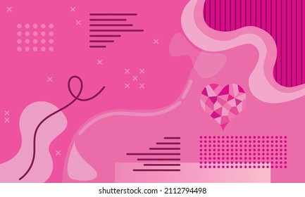 Pink abstract background template with lines, shapes, and heart for copy space, landing page, banner, or presentation