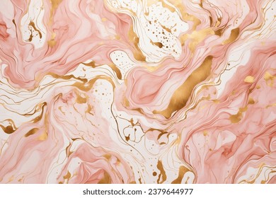 Pink abstract background. Vector illustration design wedding template invitation. Liquid watercolors in blush hues, adorned with golden lines, dots, and stains. Golden marble ink drawing effect.