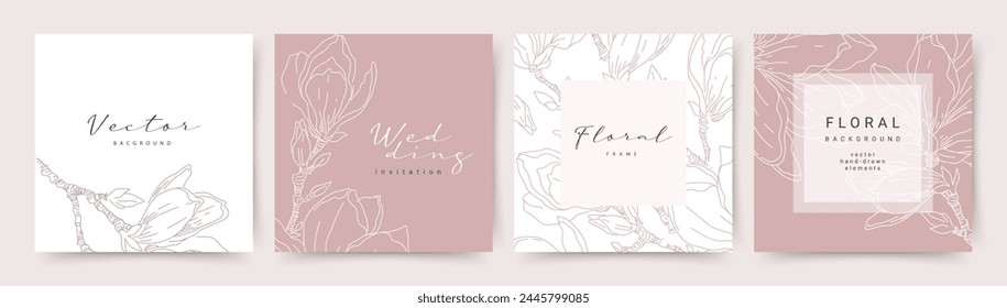 Fondos abstractos rosados con Elementos florales dibujados a mano de arte de línea mínima. Plantillas de diseño de Vector para tarjeta, póster, volante, revista, publicación en redes sociales, Anuncio, invitación de boda, portada