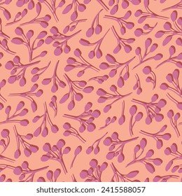Pink abstract botany seamless repeat pattern. Random placed, vector herbs with shadows aop all over surface print apricot background.