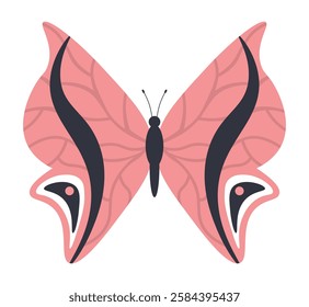 Pink abstract butterfly. Colorful butterfly with pattern on wings. Exotic flying insect. Elegant moth icon. Close-up. Flat vector illustration isolated on white background.