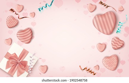 Plantilla de diseño abstracto rosa con corazones de caramelos realistas, cintas y un regalo. Folleto, tarjeta de saludo, invitación, cartel o plantilla de cabecera para bodas, cumpleaños y otros eventos.