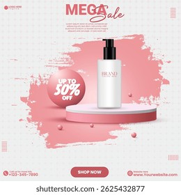 Design abstrait rose de podium de moyennes sociales vides. Image vectorielle de création d'affiches de produits cosmétiques avec couleur rose et effet brosse. 3D réaliste produit vente moyennes sociales post conception template.