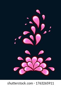El agua plana abstracta rosa cae en la ilustración vectorial plana en el fondo oscuro