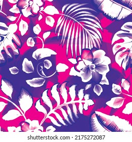 pink abstract floral seamless pattern with colorful tropical plants leaves on geometric background. light banana monstera leaves on pink. flowers background. nature wallpaper. summer design. exotic