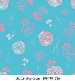 Pink abstract flowers and leaves in seamless repeated vector pattern on vibrant background