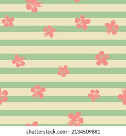 Pink abstract flowers scattered on a background of green and cream stripes. Soft muted tones. Seamless repeat vector pattern. Great for fashion, textiles, surface textures, giftwrap, wallpaper.