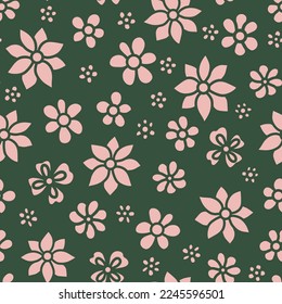 Flores abstractas rosadas con un patrón de repetición impecable. Colocación aleatoria, vectores de flores de calico por toda la huella superficial sobre fondo verde.