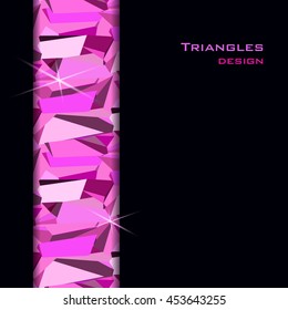 Pink abstract geometric triangles stripe on black background. Vertical rose ruby diamond or purple crystal seamless border for girl party banner design. Vector illustration - stock vector.