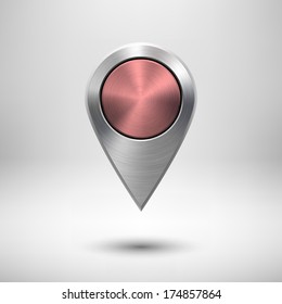 Pink abstract gps map pointer, blank button template with metal texture (chrome, steel, silver), realistic shadow and light background for user interfaces (UI), applications (apps) and presentations.