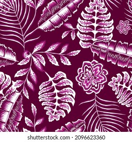 pink abstract jasmine flowers seamless tropical pattern with banana palm leaves plants and foliage on red background. Floral background. Exotic tropics. Summer design. prints texture. wallpaper decor
