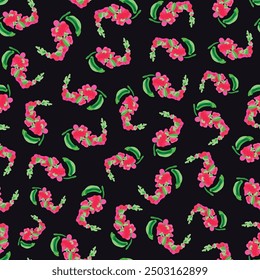 Pink, abstract larkspur flowers seamless repeat pattern. Random placed, vector botany delphinium aop, all over surface print on black background.