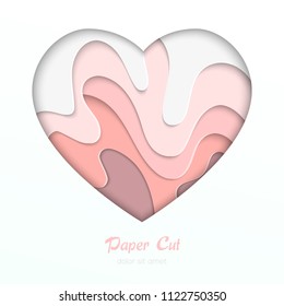 Pink abstract layout - vector paper cut banner in a heart shaped frame on white background with place for your information. Soft peach color. High quality carving art, flyer, romantic card template