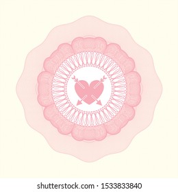 Pink abstract linear rosette with heart with two arrows icon inside