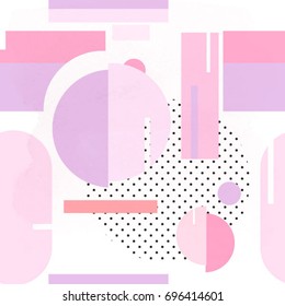 Pink abstract memphis style pattern. Geometric 80s style background with green rectangles, circles and triangle with striped pattern texture