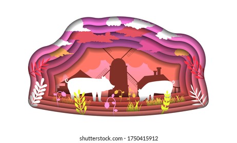 Pink Abstract Paper Cut Grass Design Elements Vector Background Pig Village Fauna