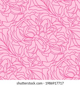 Pink abstract peony. Linear seamless pattern background. Hand-drawn for web print textile fabric. Wrapping paper, wallpaper. 
