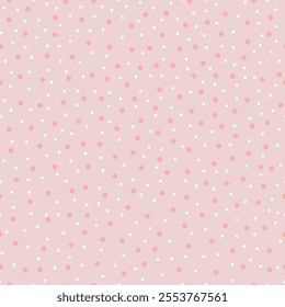 Pink abstract polka dot background, seamless pattern. Pink and white colors, random arrangement. Background for paper, gift wrap, textile,  card, cover. 
