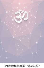 Pink abstract polygonal background with shine and white symbol OM. Vector eps 10