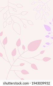 Pink abstract poster with simple shapes and floral elements, branches and leaves. Pink minimalist interior wall poster. Minimalist banner in purple, beige and pink colors. Trendy vector natural design