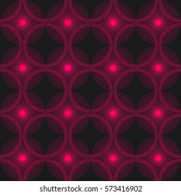 Pink abstract repeating seamless geometric vortex curved lines in dark grey gray barbed circles on dark background vector pattern flat design