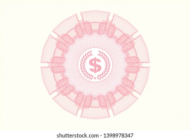Pink abstract rosette with laurel wreath with money symbol inside icon inside