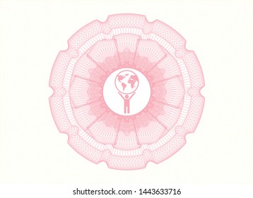 Pink abstract rosette with man lifting world icon inside