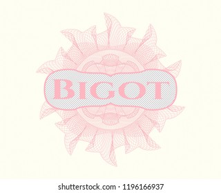 Pink abstract rosette with text Bigot inside