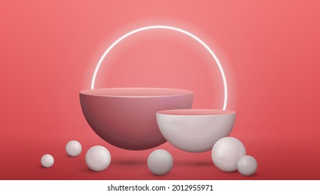 Pink abstract scene with empty semicircular pedestals with realistic spheres around. Scene for your product presentation