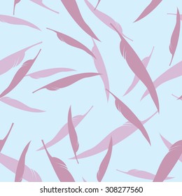 Pink Abstract Seamless Pattern with Feathers on Blue Background. Vector Illustration. Eps 10.