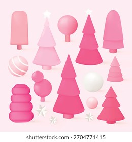 Formas abstractas rosadas que incluyen árboles, esferas y estrellas. Tema rosa con varios árboles rosados, esferas rosadas y estrellas. Elementos de diseño abstractos suaves. Conjunto de Vector de ilustración de Navidades.