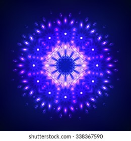 Pink abstract shining cosmic mandala on blue background