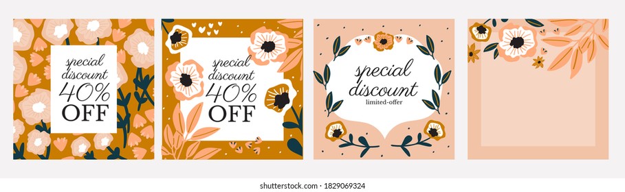 plantillas de diseño de arte cuadrado abstracto rosa con elementos florales y geométricos ilustraciones vectoriales. Es bueno para publicaciones en medios sociales, aplicaciones móviles, diseños de banners y anuncios web o de Internet.