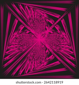 Pink abstract star. Symmetric geometric form. Vector radiating pattern. Black background contrast.