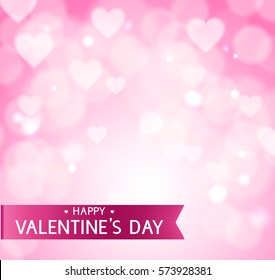 Pink abstract Valentine's Day background with blur hearts and ribbon. Vector love background with Happy Valentine's Day text