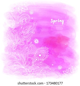 Pink Abstract Watercolor background with floral ornament 