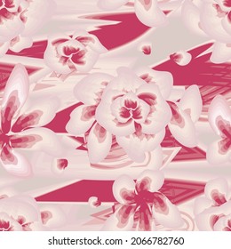 pink abstract wave background vector design with tropical flowers seamless pattern monochromatic  color style fashionable. Floral background. Exotic tropics. Summer design