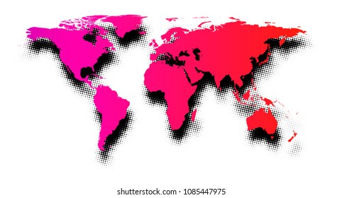 Pink abstract world map with dotted shadow on white background. Vector illustration. 